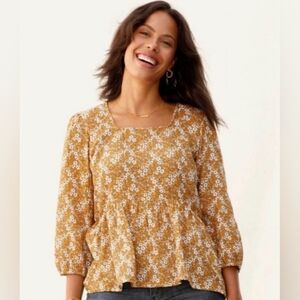 Matilda Jane Shay Ditsy Golden Mustard Yellow Cotton Shirt Floral Peplum Top L